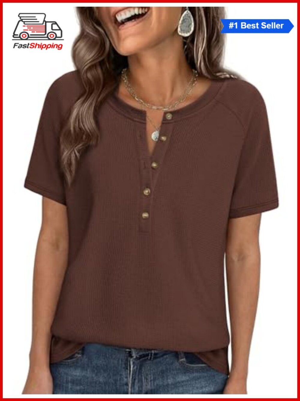 Waffle Knit Henley Top Short Sleeve Button Neck Womens T-Shirt